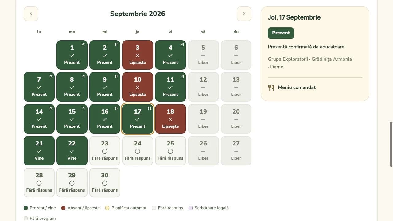 Calendarul copilului cu zile de prezență, absență, răspunsuri planificate și detaliile unei zile selectate.