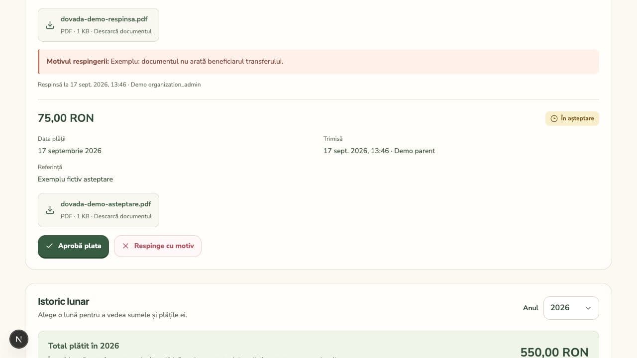 Ecranul de verificare a unei dovezi de plată fictive, disponibil educatoarei cu drept de verificare.