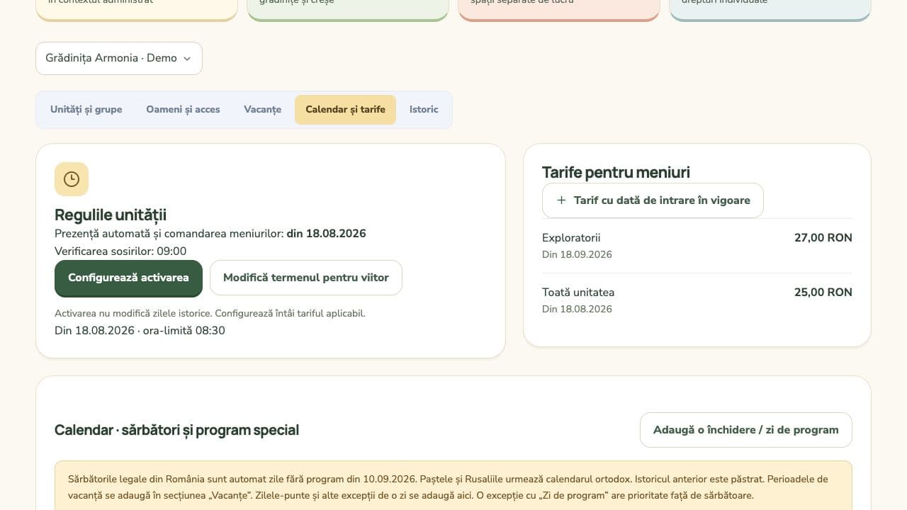 Setările instituției demonstrative pentru ora-limită a meselor, modificările viitoare și tarifele active.