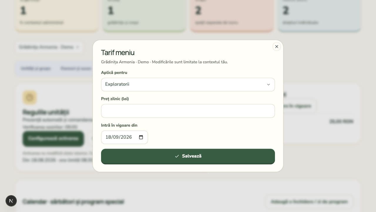 Formularul managerului pentru un tarif zilnic nou, cu grupa și data de aplicare selectate.